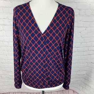 Banana Republic Nautical Faux Wrap Blouse Top Women’s Size Medium Navy Blue Red